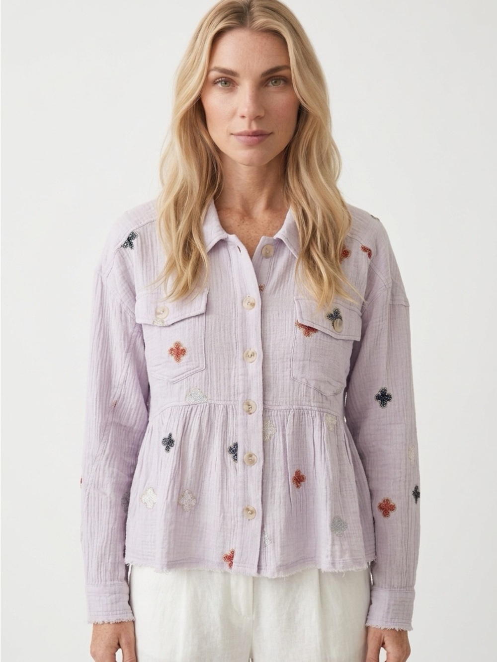 MYSTREE Lilac Embroidered Button-Front Peplum Top Women’s size large nwt